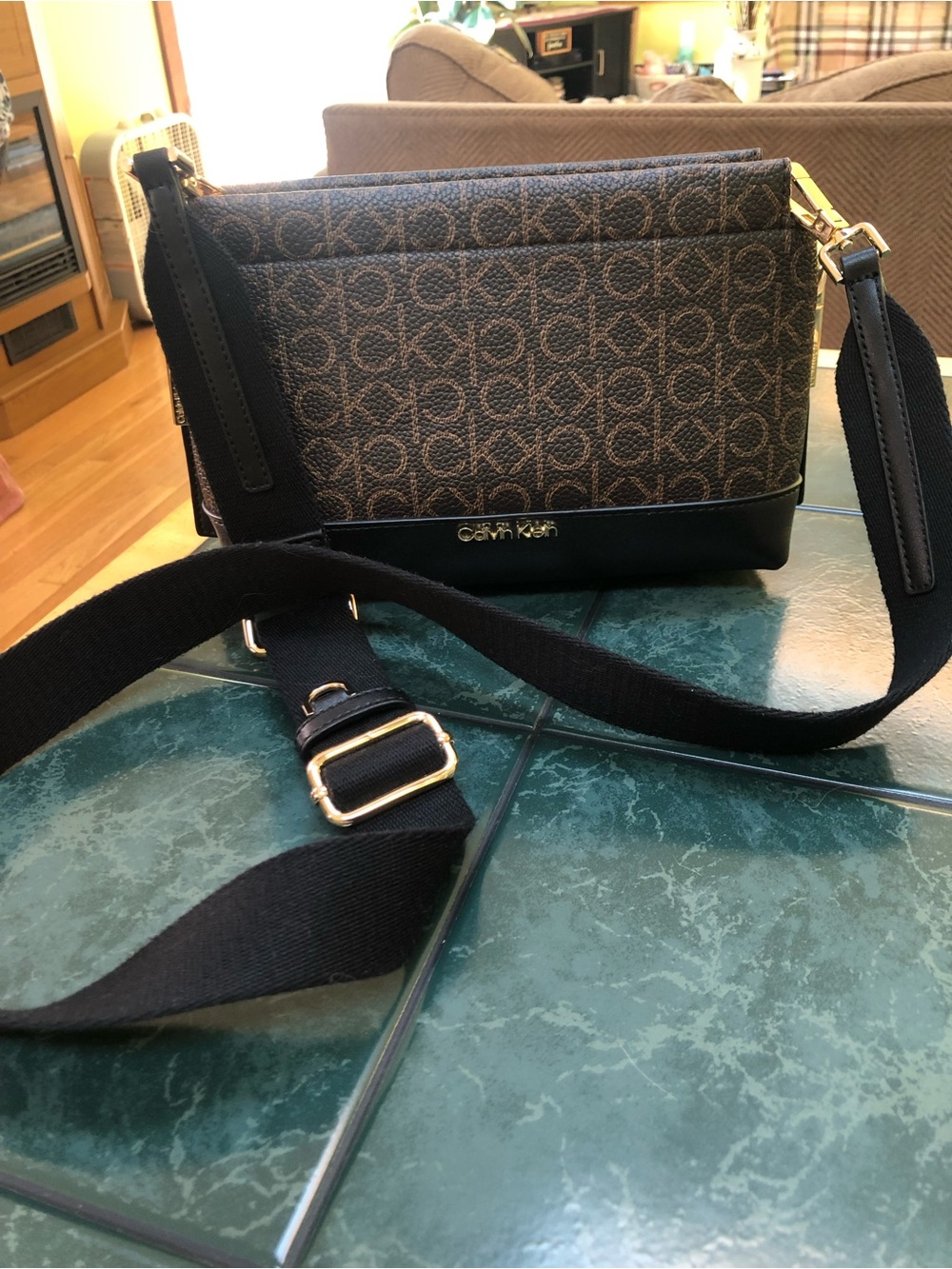 Calvin Klein Brown Logo Crossbody with Black Trim and Gold Hardware